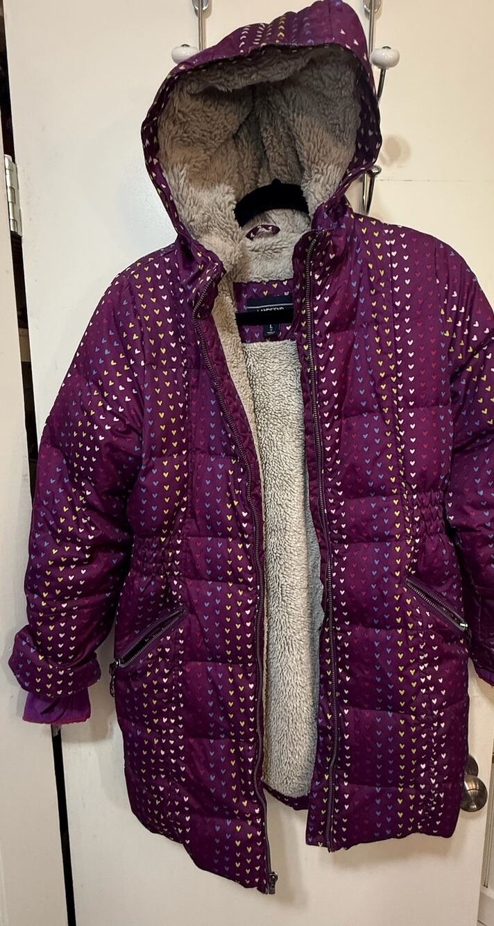 Lands' End Purple Heart Print Quilted Winter Coat Kids Size L